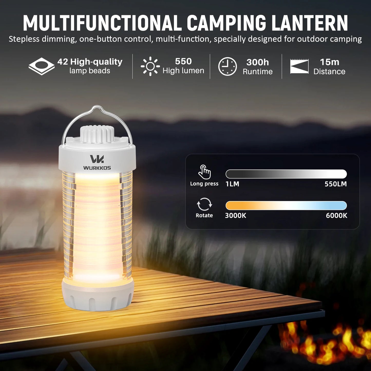 Wurkkos CL01 Camping Lantern 550LM Rechargeable LED Flashlight Waterproof