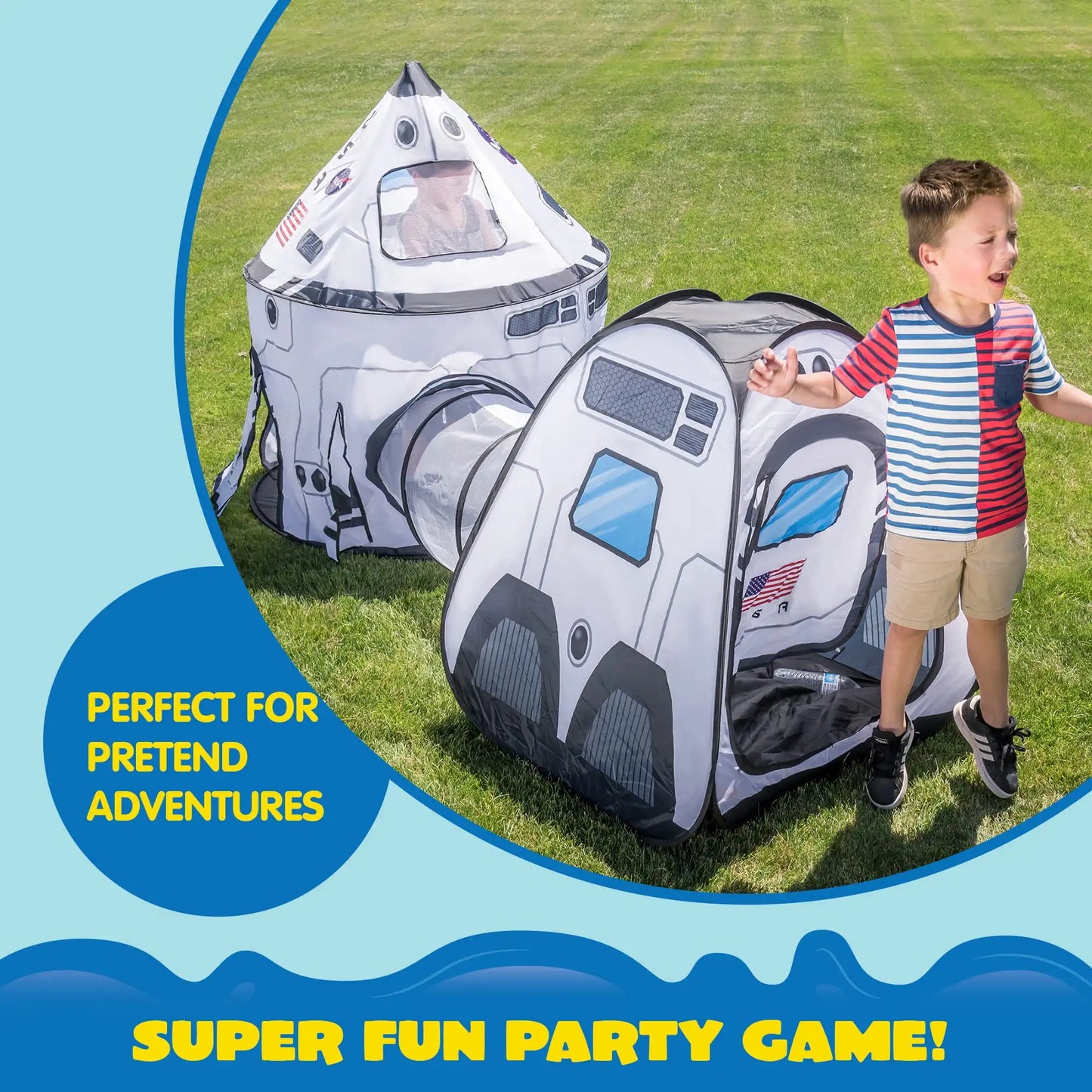 Joyfy Rocket Ship Pop Up Play Tent Set With Tunnel 3 Piece For Kids