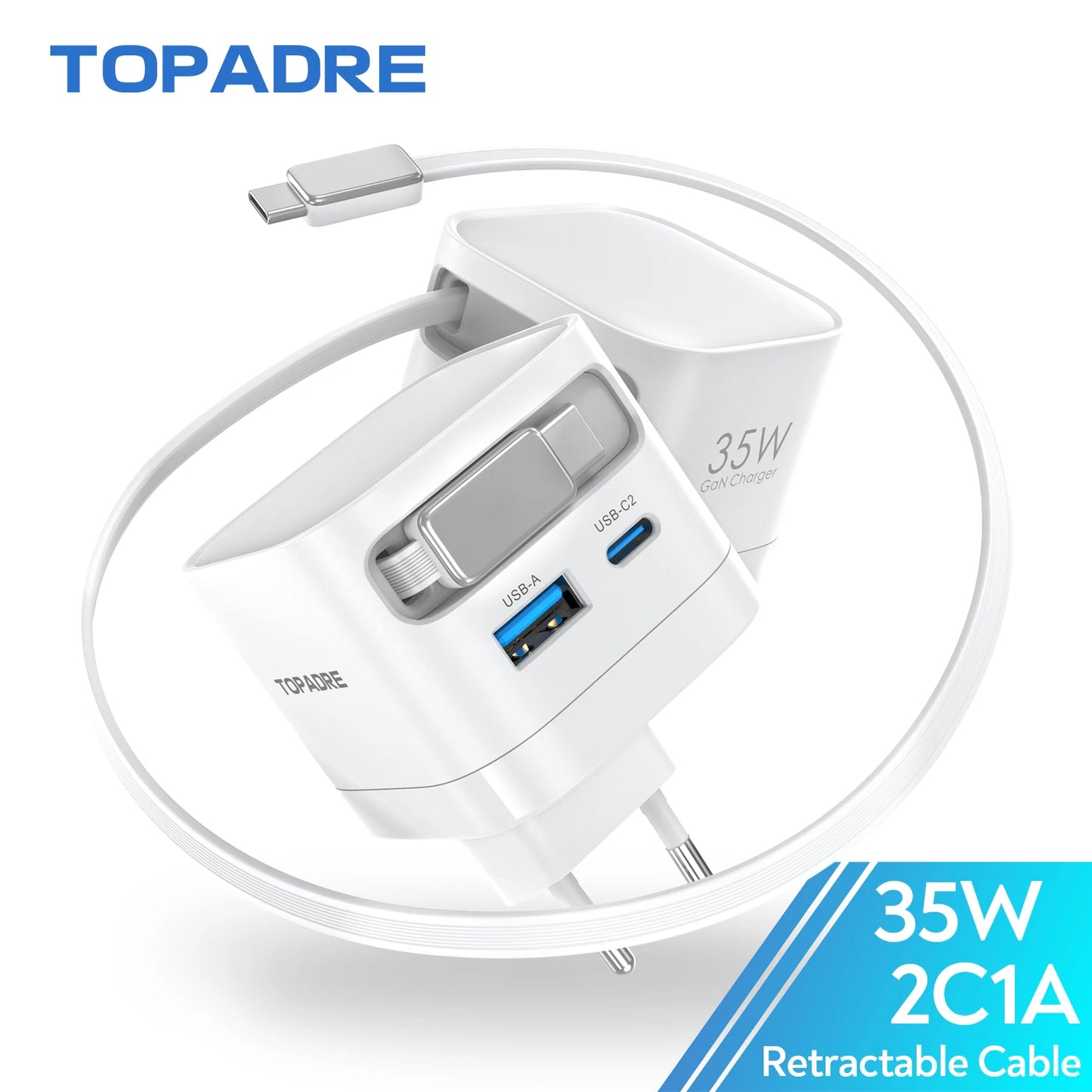 GaN 35W Fast Charger With Retractable Cable For iPhone Android