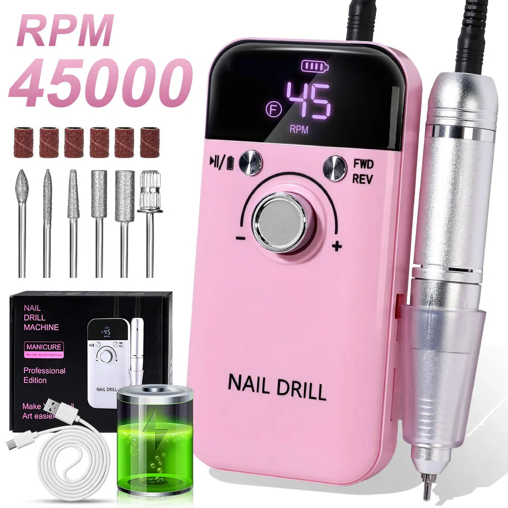 Nail Drill 45000 RPM Rechargeable Electric File For Acrylic Gel Removal
