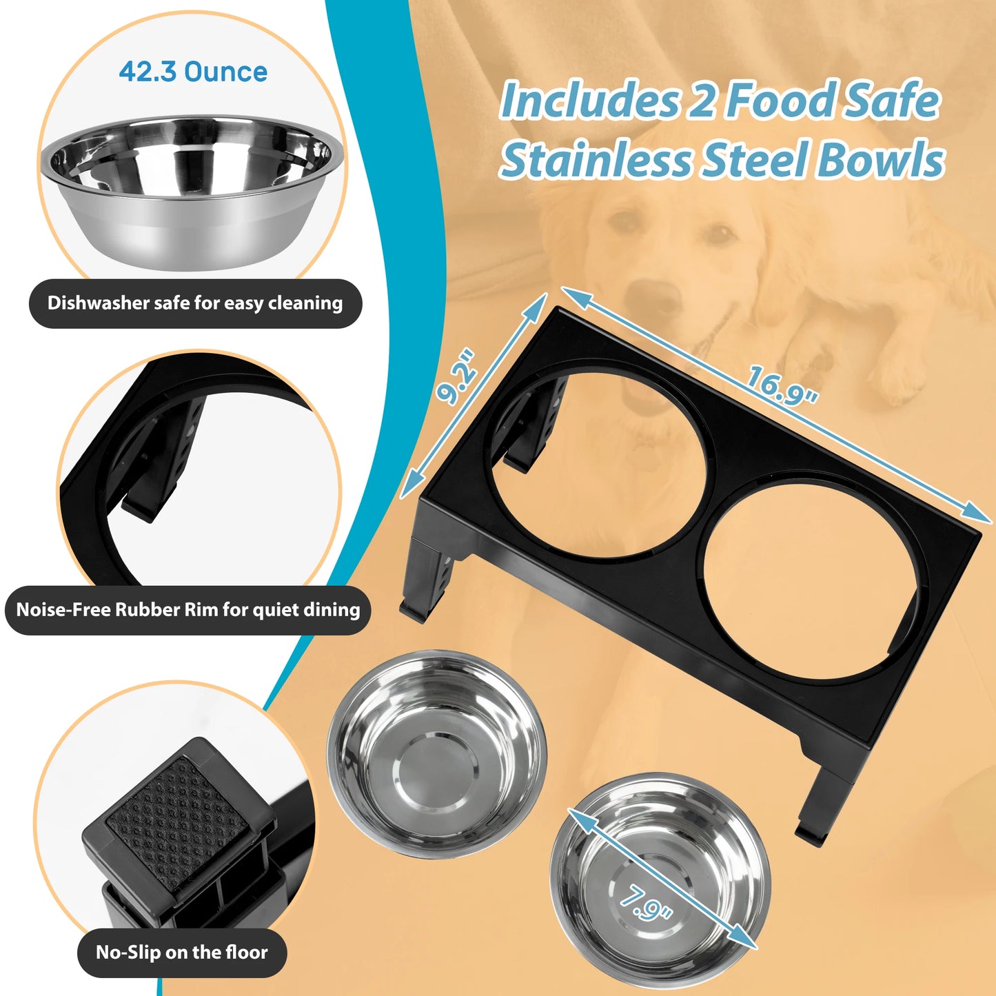 Elevated Dog Bowls With Two Stainless Steel Bowls And Adjustable Heights
