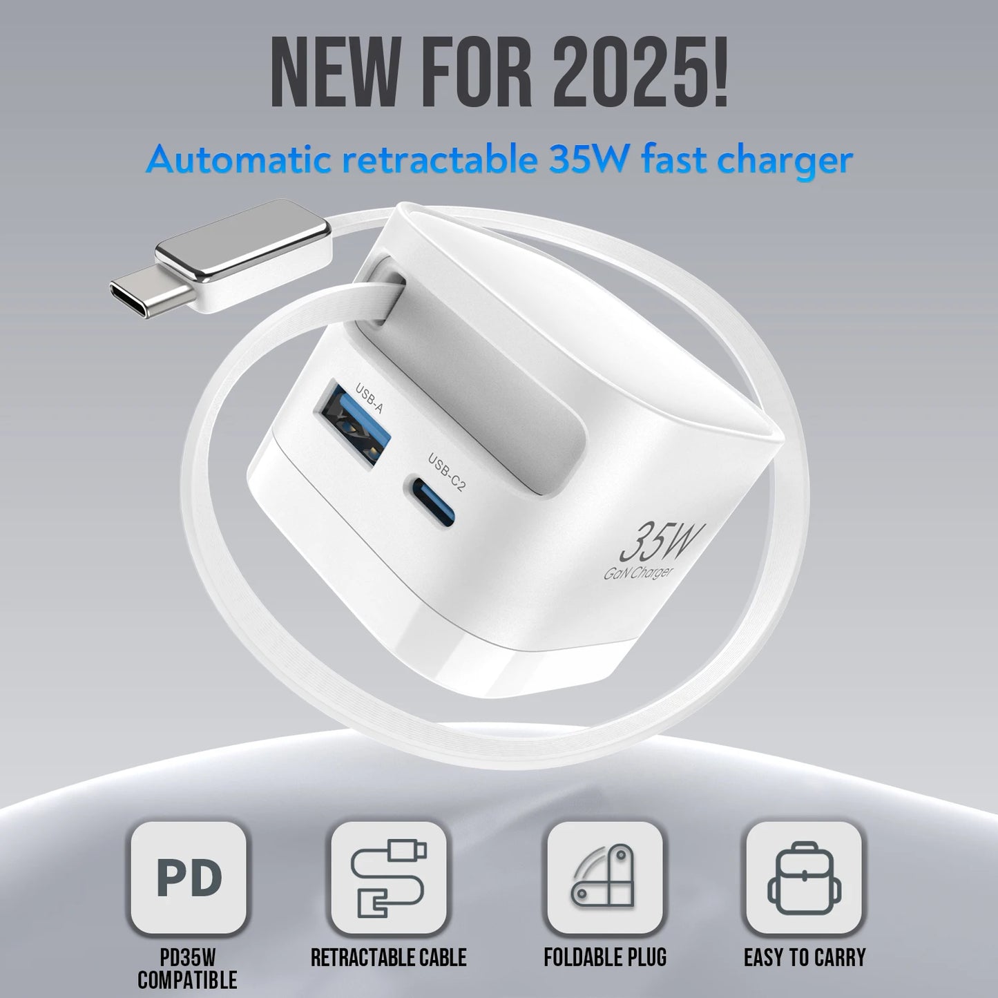 GaN 35W Fast Charger With Retractable Cable For iPhone Android