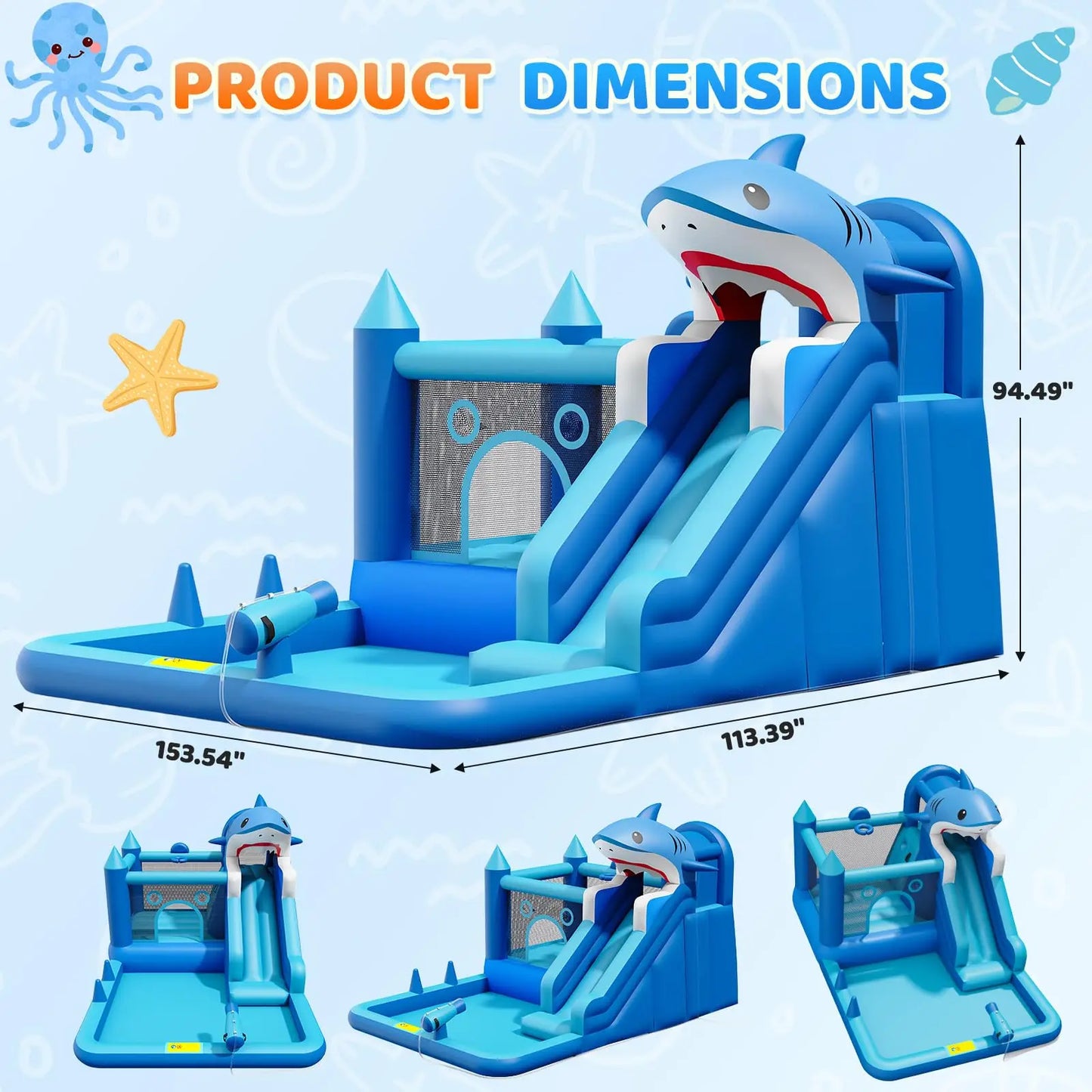 HiMISS Shark Inflatable Water Park With Slide Blower Splash Pool